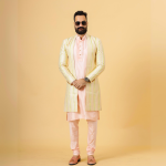 Alluring Pastel Thread Embroidered Cream Open Sherwani with Kurta Pajama Set | Father Son Combo | Jaipurio Collection